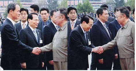 김정일 국방위원장과 악수하는 김장수 국방장관과 당시 모 안기부장 