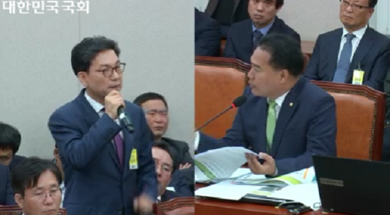 조윤성 GS리테일 편의점부 대표가 이용주 민주평화당 의원의 질의를 듣고 있다. <이미지=서예온 기자>