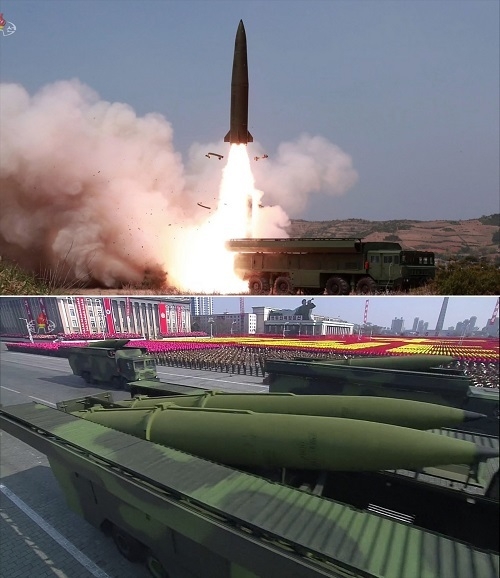 북한이 지난 4일 발사한 '북한판 이스칸데르' 미사일로 추정되는 전술유도무기(위). 해당 무기가 작년 2월 8일 북한군 창설 70주년 기념 열병식에서 등장한 모습(아래)<사진=연합뉴스>