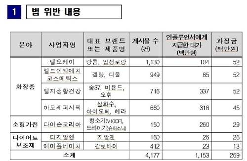 인스타그램에 광고 사실 숨긴 7개 업체 법 위반 내용 <사진=연합뉴스>