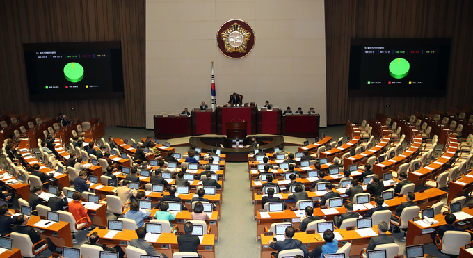 지난 9일 국회에서 열린 본회의에서 자유한국당 의원들이 불참한 가운데 민생법안이 처리되고 있다. <사진=연합뉴스>