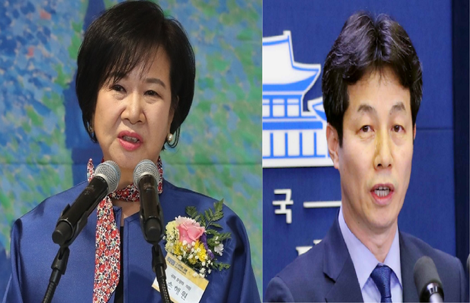 무소속 손혜원 의원(왼쪽)과 윤건영 전 청와대 국정상황실장.