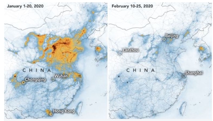 NASA가 1일 공개한 코로나19 확산 전후의 동북아 이산화질소 농도 사진. 조업 중단으로 확연히 중국 하늘은 맑지만 한국 수도권-충전권의 하늘은 이산화질소 농도가 대동소이하다. <사진=NASA 제공>