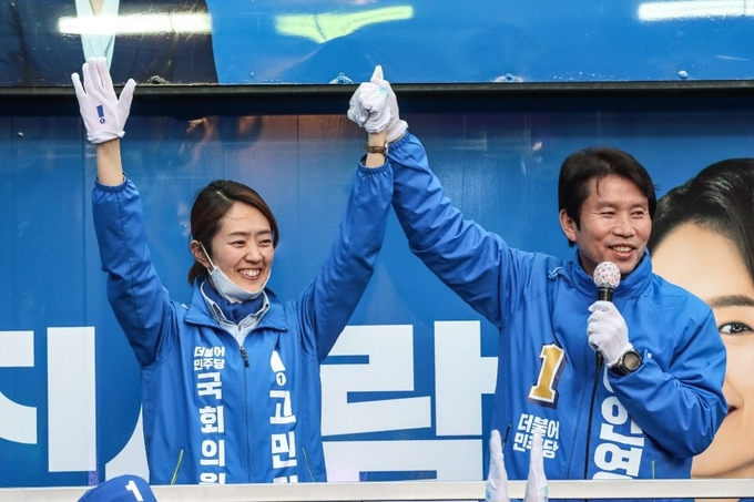 이인영 더불어민주당 원내대표가 서울 광진을에 출마한 고민정 후보의 선거 유세 지원에 나섰다. <사진=고민정 캠프> 