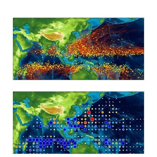 17일 기초과학연구원(IBS) 기후물리연구단 악셀 팀머만 단장 연구팀이 공개한 시뮬레이션으로, 현재 기후에서 인도-태평양 지역 태풍 발생 경로(위)와 이산화탄소 농도 2배 증가에 따른 태풍 발생 밀도 변화(아래)를 보여준다. <사진=기초과학연구원>