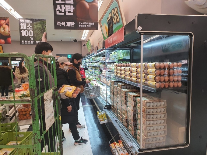 고병원성 조류인플루엔자(AI)로 살처분한 산란계 수가 1000만 마리를 넘어서며, 달걀 가격이 급등했다. 사진은 23일 서울의 한 마트에서 달걀을 고르는 시민. <사진=김미현 기자>