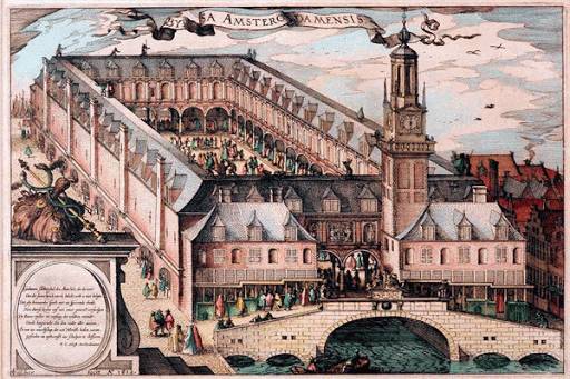 17세기 네덜란드 암스테르담의  증권거래소의 모습이다.  당시에는 증권이라는 개념은 없었으며 상인들 간의 신뢰에 기초하여 거래가 이루어졌다. <출처=위키피디아><br></div>
 