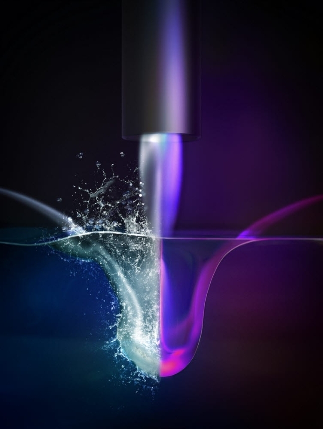 기체 제트의 이온화를 통한액체 표면의 안정화를 모사한 삽화. <사진=KAIST>