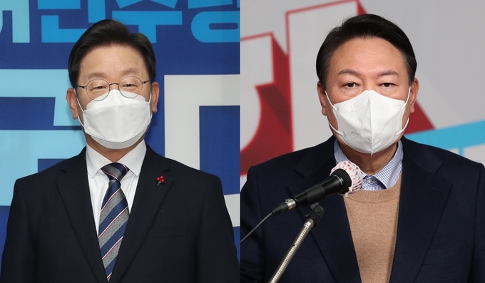 이재명 더불어민주당 대선후보(왼쪽)와 윤석열 국민의힘 대선후보. <사진=연합뉴스>