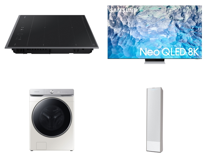 <strong></div>'제25회 올해의 에너지위너상'에서 수상한 삼성전자 주요 제품들</strong><br>
   (사진 윗줄 왼쪽부터 시계 방향으로)'비스포크 인덕션 인피니트 라인', 'Neo QLED 8K TV',  '비스포크 무풍에어컨 갤러리', '비스포크 그랑데 AI 세탁기'