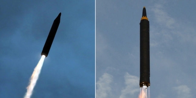 북한이 10일 공개한 중거리 탄도미사일(IRBM)과 기존 IRBM 화성-12형. <사진=연합뉴스>
