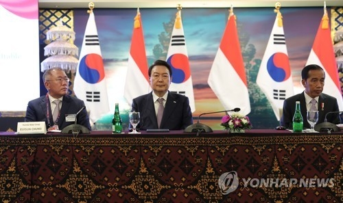 윤석열 대통령과 조코 위도도 인도네시아 대통령이 14일(현지시간) 발리 누사두아 컨벤션센터(BNDCC)에서 열린 한국-인도네시아 비즈니스 라운드 테이블에 참석했다.[사진=연합뉴스]