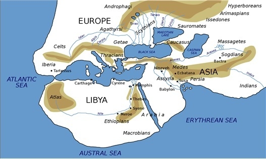 5세기에 그려진 외쿠메네(지도출처: 위키백과. https://ko.wikipedia.org/wiki/%EC%99%B8%EC %BF%A0% EB%A9%94%EB%84%A4#/media/%ED%8C%8C%EC%9D% BC :Herodotus _world_map-en.svg)