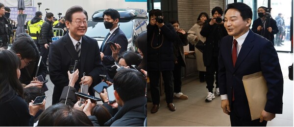 더불어민주당 이재명 대표가 31일 오후 서울 여의도 더불어민주당사에서 열린 4·10 총선 후보 공천 면접에 참석하기 위해 당사로 향하며 취재진 질문에 답하고 있다.(왼쪽) 원희룡 전 국토교통부 장관이 31일 오후 제22대 국회의원 선거 공직후보자 추천신청서 제출을 위해 서울 여의도 국민의힘 당사로 들어서고 있다. [사진=연합뉴스]