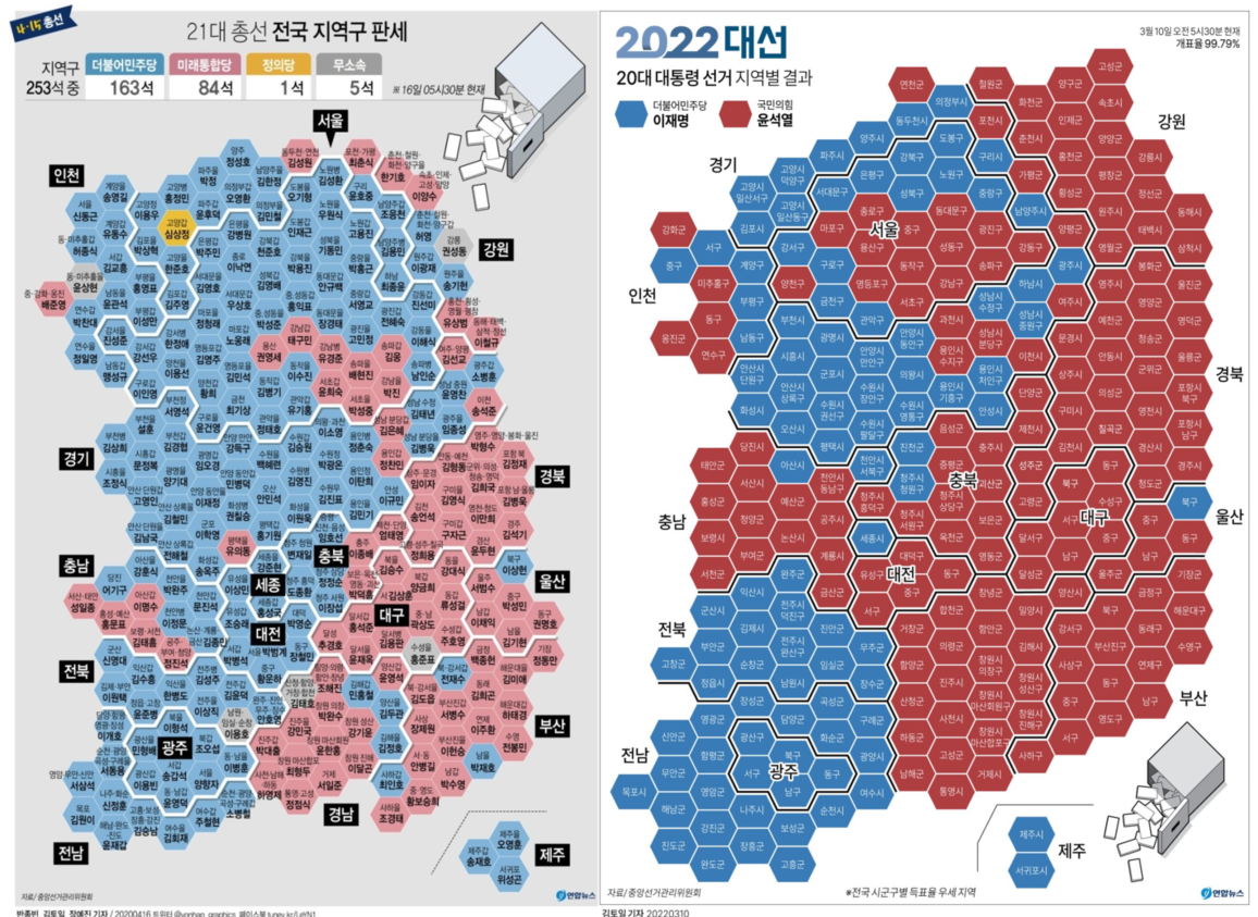 21대 총선, 20대 대선 지역별 결과[그래픽=연합뉴스]