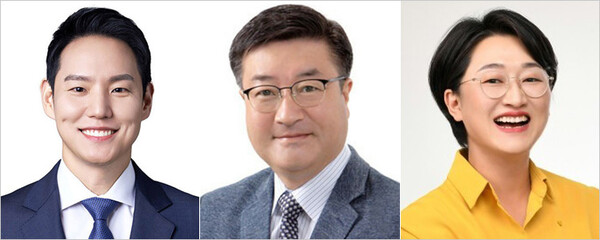 제22대 총선 제주 제주시을 후보로 나선 더불어민주당 김한규 현 국회의원, 국민의힘 김승욱 전 당협위원장, 녹색정의당 강순아 제주시을위원장(왼쪽부터)