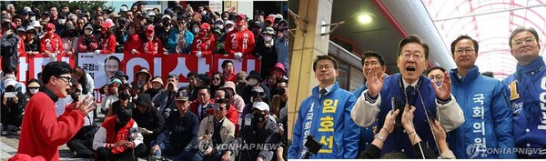 국민의힘 한동훈 위원장과 더불어민주당 이재명 대표가 중원 공략에 총력을 기울이고 있다. [사진=연합뉴스]