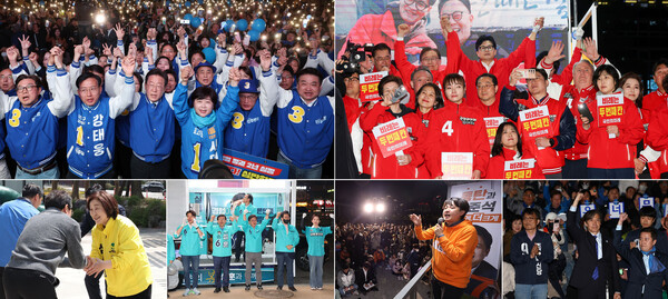 제22대 국회의원선거를 하루 앞둔 9일 오후 여야 각 당 대표와 후보자들이 마지막 집중 유세를 펼치고 있다. 사진 왼쪽 위부터 용산역 앞 광장에서 선거유세하는 더불어민주당 이재명 대표와 후보들, 청계광장에서 총력 유세 펼치는 국민의힘 한동훈 비대위원장과 후보 등. 사진 아래 왼쪽부터 경기도 고양시 덕양노인복지관에서 어르신들과 인사하는 녹색정의당 심상정 대표, 부천시 홈플러스 상동점 광장에서 파이널 집중 유세하는 새로운미래 오영환 총괄선대위원장과 후보들, 화성시 롯데백화점 인근에서 파이널 집중 유세하는 개혁신당 이준석 대표, 서울 세종문화회관 앞에서 마지막 유세하는 조국혁신당 조국 대표 모습. [사진=연합뉴스]