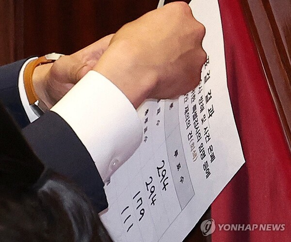 28일 오후 국회 본회의에서 재의결 안건으로 상정된 '해병대 채상병 사망사건 수사외압 의혹 특별검사법' 표결 결과지가 김진표 국회의장에게 전달되고 있다. [사진=연합뉴스]