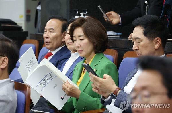 국민의힘 나경원 의원이 13일 오전 국회에서 열린 의회정치 원상복구 의원총회에 참석해 동해 심해 가스전 개발 자료를 보고 있다. [사진=연합뉴스]