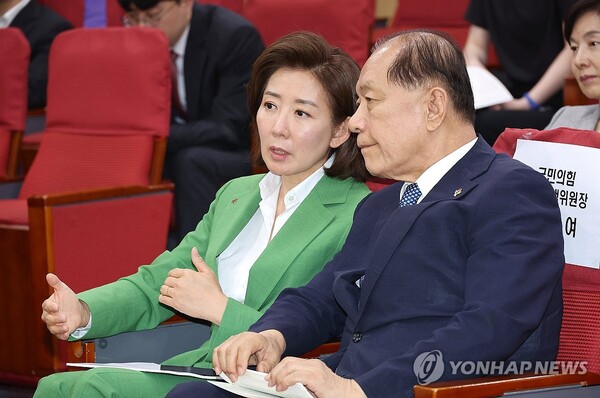 국민의힘 황우여 비상대책위원장과 나경원 의원 (왼쪽)이 4일 오후 국회 의원회관에서 열린 국회의 입법권 남용 방지를 위한 정책 토론회 '처분적 법률, 무엇이 문제인가?'에 참석해 대화하고 있다. [사진=연합뉴스]