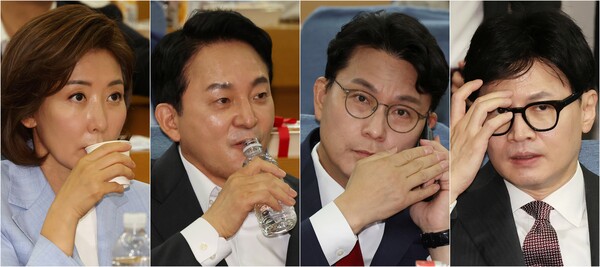 국민의힘 당대표 출마 선언을 한 나경원 의원(사진 왼쪽부터), 원희룡 전 국토부 장관, 윤상현 의원, 한동훈 전 비상대책위원장이 24일 오전 국회에서 열린 국민의힘 초선의원 공부모임에 참석해 자리하고 있다. [사진=연합뉴스]