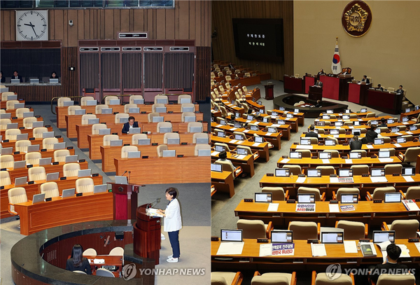 4일 오전 열린 국회 본회의에서 여야 의원들이 '채상병특검법안' 찬반 무제한토론(필리버스터)을 하고 있다. 필리버스터가 시작 24시간 만인 이날 오후 종료되면, 채상병특검법 표결이 진행될 전망이다. [사진=연합뉴스]