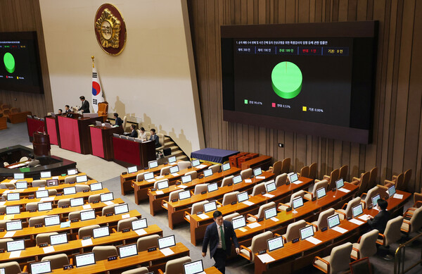 4일 국회 본회의에서 채상병특검법이 가결되고 있다. 오른쪽 아래는 표결에 참여한 국민의힘 안철수, 김재섭 의원. [사진=연합뉴스]