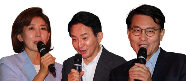 11일 국회 의원회관에서 열린 투게더포럼에서 발언하고 있는 국민의힘 나경원, 원희룡, 윤상현 당대표 후보.(왼쪽부터) [사진=연합뉴스]