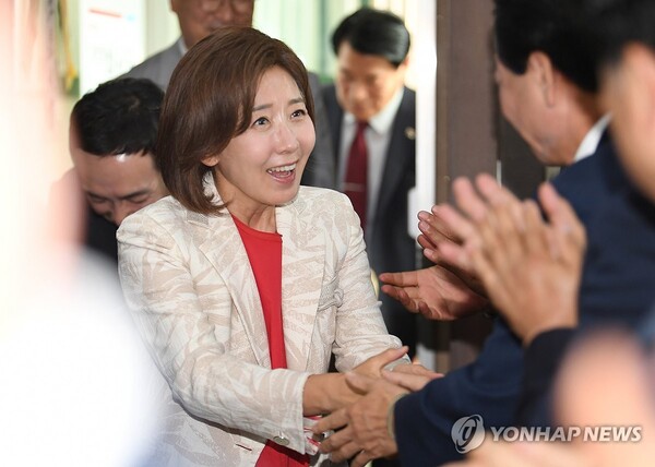 국민의힘 당권주자인 나경원 후보가 13일 밀양·의령·함안·창녕 당협 간담회에 참석하고 있다. [사진=연합뉴스]