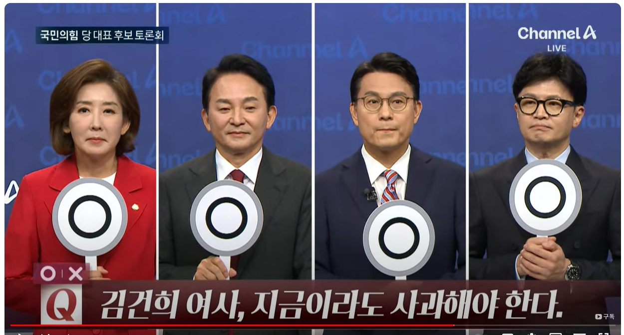 16일 저녁 채널A에서 국민의힘 전당대회 3차 TV토론회에서 김건희 여사가 사과해야 한다는 질문에 모두 당권후보자 모두 사과해야 한다고 ○X 퀴즈에서 '○'를 들었다. [사진=채널A 갈무리]