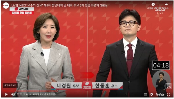 국민의힘 6차 TV토론회에서 나경원-한동훈 후보. [사진=SBS-TV 갈무리]