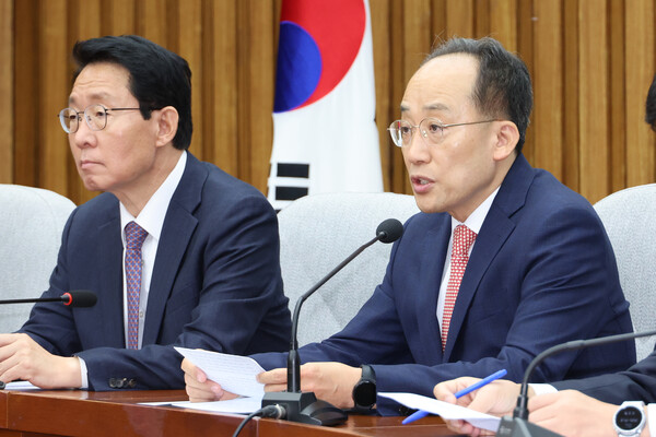 국민의힘 추경호 원내대표가 5일 오전 서울 여의도 국회에서 열린 원내대책회의에서 발언하고 있다.  [사진= 연합뉴스]