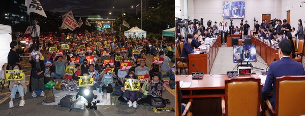 야당과 시민단체의 윤석열 대통령 국정농단과 김건희 특검 촉구 집회(좌)와 국회 법사위에서 대통령 탄핵 발의 국민청원 심사청문회(우)가 진행되고 있다. [사진=연합뉴스]