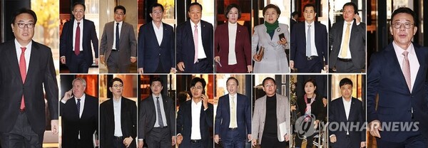 정진석 대통령실 비서실장과 홍철호 정무수석이 25일 국민의힘 의원 40여명과 오찬 회동을 했다 [사진=연합뉴스]