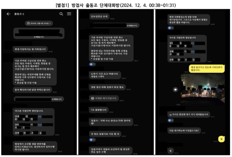 27일 검찰이 공개한 12.3 계엄 당시 방첩사 출동조 대원들 카카오톡 대화방.  12월4일 00:38~01:31 까지 긴박했던 체포조 대화내용 [사진=검찰 비상계엄 특별수사본부 제공]