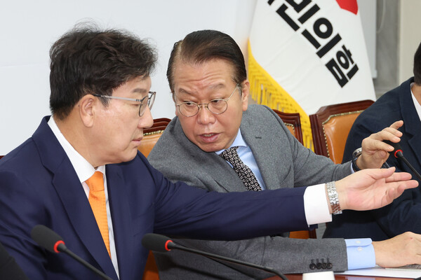 국민의힘 권영세 비상대책위원장(오른쪽)과 권성동 원내대표가 6일 오전 서울 여의도 국회에서 열린 비상대책위원회의에서 대화하고 있다. [사진=연합뉴스]