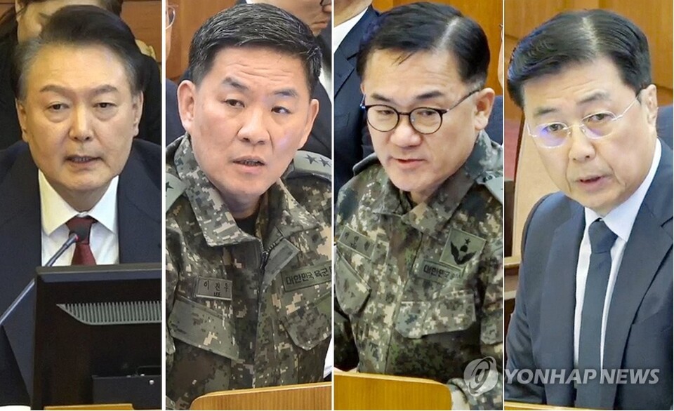 헌재 탄핵심판 5차 변론에는  윤 대통령, 이진우 전 육군 수도방위사령관, 여인형 전 국군방첩사령관, 홍장원 전 국가정보원 1차장이 출석해 증언했다.(왼쪽부터) [사진=연합뉴스]