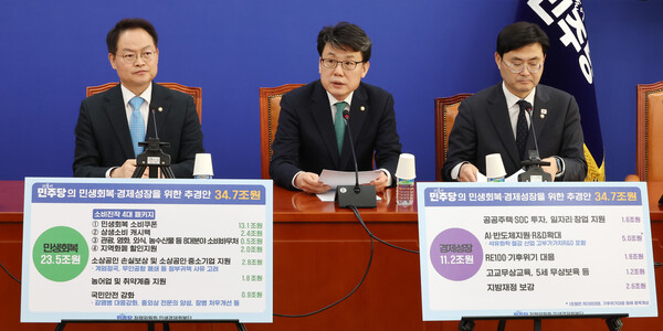 더불어민주당 진성준 정책위의장이 13일 서울 여의도 국회에서 열린 추경 관련 기자간담회에서 세부 내용을 설명하고 있다. 왼쪽부터 허영 예산결산조정위원장, 진성준 정책위의장, 이정문 수석부의장. [사진=연합뉴스]