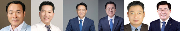 ▲더불어민주당 4·2담양군수 재선거 후보자 등록 명단. 왼쪽부터 김용주, 김정오, 김종진, 윤영덕, 이재종, 최화삼.