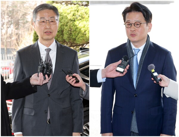  헌법재판소가 최재해 감사원장과 이창수 서울중앙지검장에 대한 국회의 탄핵소추를 기각한 13일 오전 최 감사원장(왼쪽)이 종로구 감사원으로, 같은 날 오후 이 중앙지검장이 서초구 서울중앙지검으로 각각 출근을 하며 입장을 말하고 있다. [사진=연합뉴스]