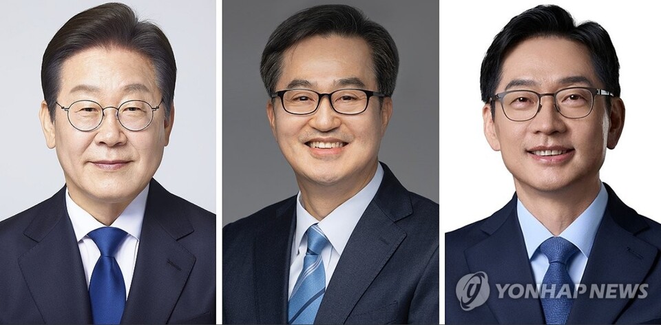 더불어민주당의 제21대 대통령 선거 경선후보 등록 결과, 1차 경선에 나서는 후보는 이재명 전 대표(왼쪽부터), 김동연 경기지사, 김경수 전 경남지사로 3파전으로 15일 확정됐다. 민주당은 오는 16일부터 27일까지 2주 간 총 4차례에 걸쳐 권역별 순회 경선을 치른다. [사진=후보 캠프, 연합뉴스]