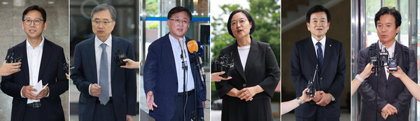 이재명 정부 첫 내각 후보자들이 24일 인사청문회 준비사무실을 꾸려 청문회 준비에 나섰다. 사진은 이날 첫 출근한 배경훈 과기정통부 장관 후보자(왼쪽부터), 조현 외교부 장관 후보자, 김성환 환경부 장관 후보자, 한성숙 중소벤처기업부 장관 후보자, 정동영 통일부 장관 후보자, 김영훈 고용노동부 장관 후보자. [사진=연합뉴스]