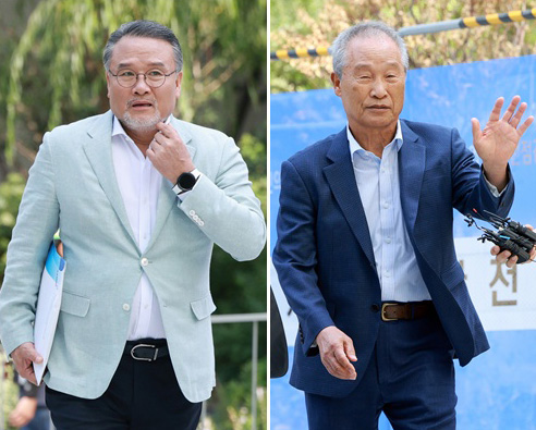  이일준 삼부토건 회장(왼쪽)과 조성옥 전 삼부토건 회장이 10일 김건희 여사 관련 의혹을 수사 중인 민중기 특별검사팀의 조사를 받기 위해 서울 종로구 KT광화문빌딩 웨스트에 마련된 특검 사무실에 출석하고 있다. [사진=연합뉴스]