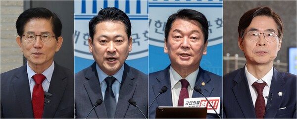 국민의힘 8·22 전당대회에 출마한 당권주자들은 당원 투표와 국민 여론조사가 시작된 20일 투표 참여를 독려하며 지지를 호소했다. 왼쪽부터 김문수, 장동혁, 안철수, 조경태 후보. [사진=연합뉴스]
