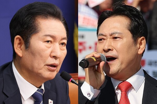 사진은 더불어민주당 정청래 대표가 12일 국회에서 열린 최고위원회의에서 발언하고 있는 모습(왼쪽)이고, 국민의힘 장동혁 대표가 같은날 국회 본관 앞에서 열린 '대장동 일당 7400억 국고 환수 촉구 및 검찰 항소 포기 외압 규탄대회'에서 발언하고 있는 모습(오른쪽)이다. [사진=연합뉴스]