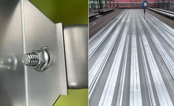 포솔이노텍 고내식 솔루션 기술이 적용된 볼트와 파스너 제품(왼쪽)과 고내식 파스너와 브라켓이 적용된 포항제철소 2제강공장 슬래그동 지붕재 모습 / 사진=포스코