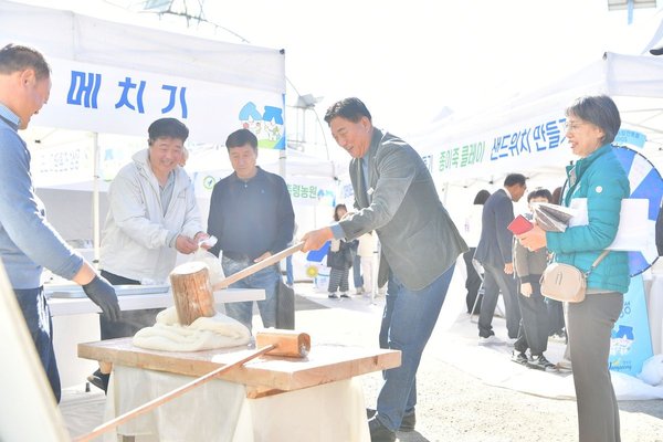 ▲  김한종 장성군수가 떡메치기 체험을 하고 있다. (사진=장성군 제공)