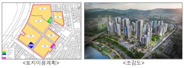 서울시가 추진 중인 중랑구 중화동 329 모아타운 현황. (좌)는 토지이용계획, (우)는 정비 후 조감도. [사진=서울시 제공]